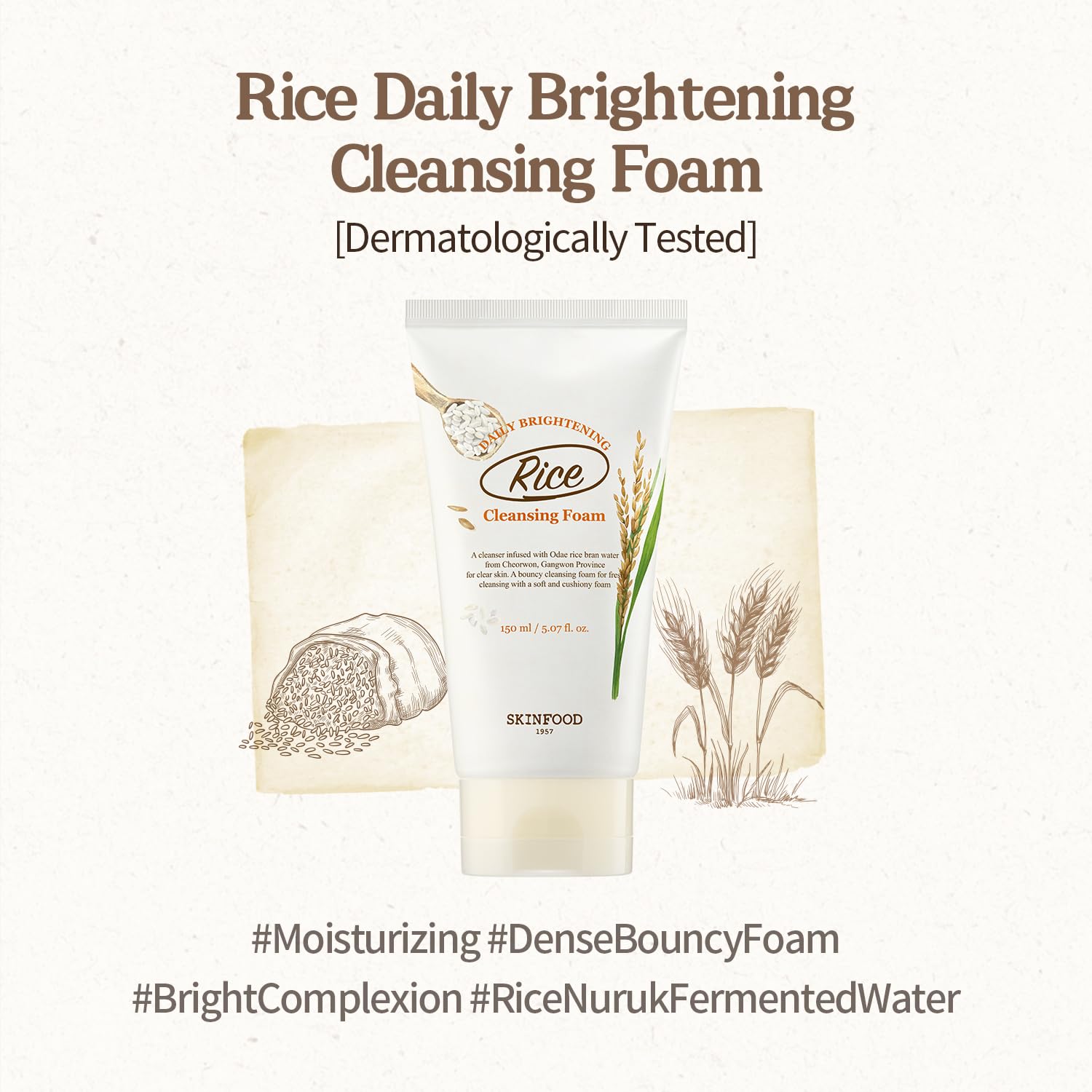 Skinfood Rice Daily Brightening Cleansing Foam 150ml – Limpiador Facial Iluminador con Agua de Arroz